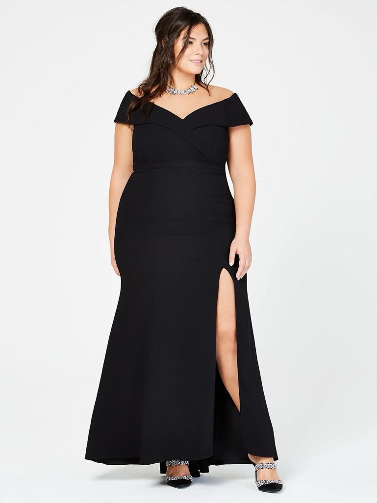 Xscape Off-Shoulder Black Evening Gown With Side Slit